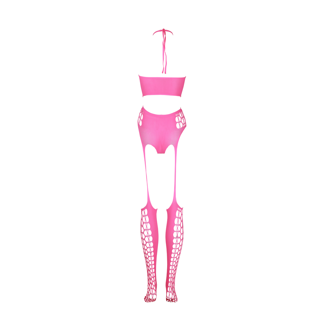 Two Piece with Crop Top and Stockings - One Size - Neon Pink