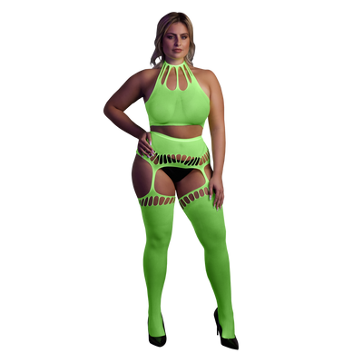 Two Piece with Crop Top and Stockings - Plus Size - Neon Green