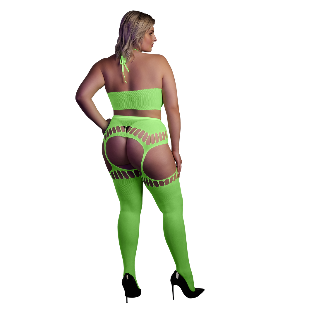 Two Piece with Crop Top and Stockings - Plus Size - Neon Green