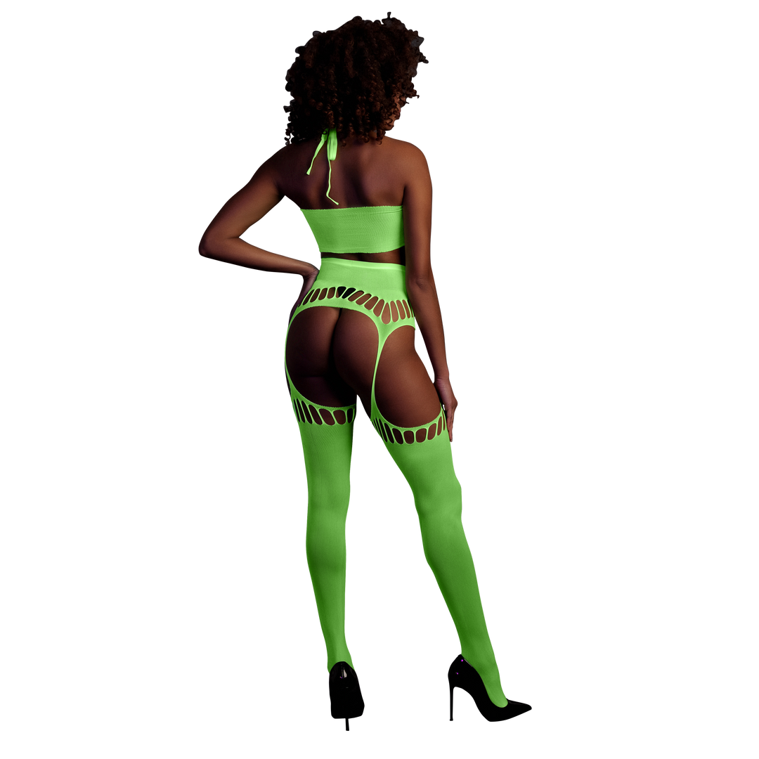 Two Piece with Crop Top and Stockings - One Size - Neon Green