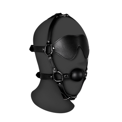 Blindfolded Head Harness with Solid Ball Gag - Black