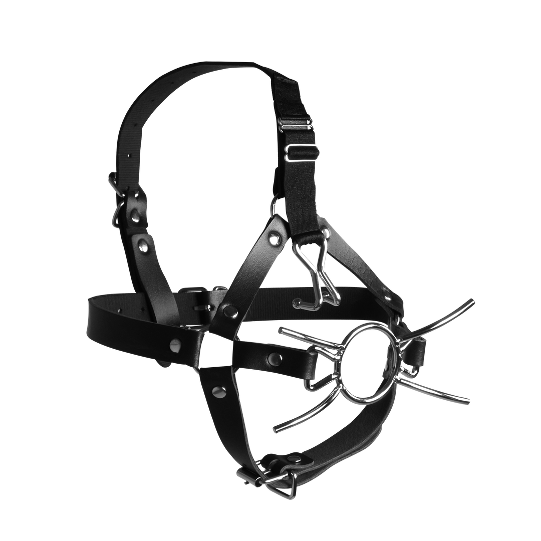 Head Harness with Spider Gag and Nose Hooks - Black