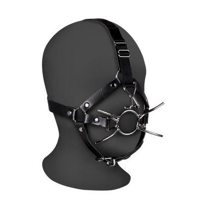 Head Harness with Spider Gag and Nose Hooks - Black