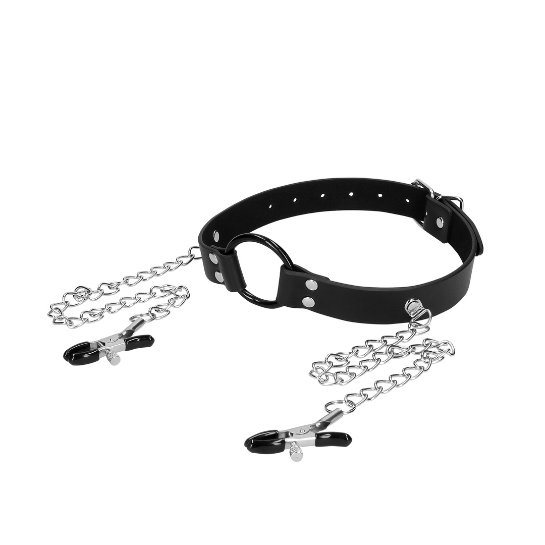 O-Ring Gag with Nipple Clamps - Black