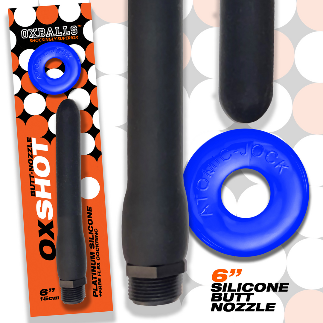 Oxshot - 6 Shower Hose Butt-Nozzle and Flex Cockring - Black / Blue