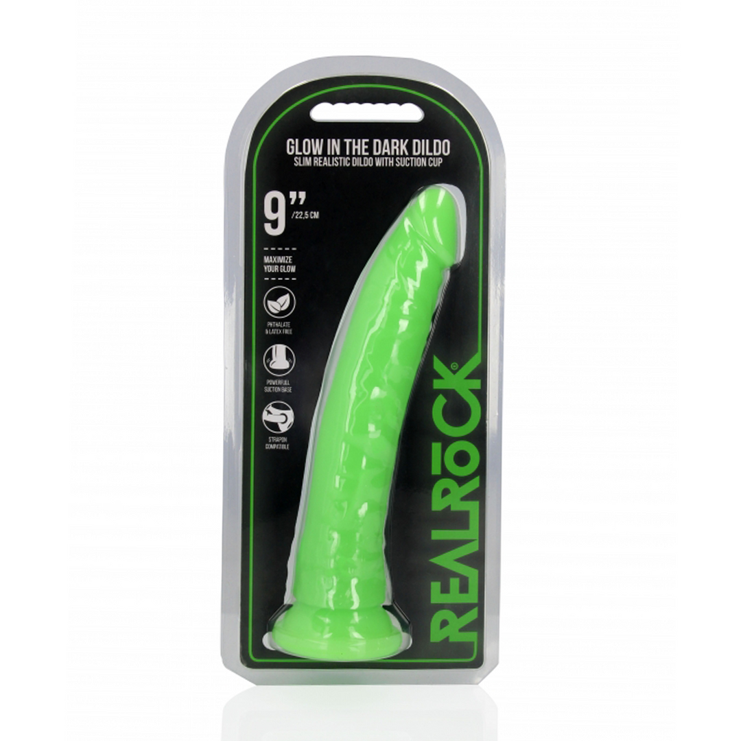 Slim Realistic Dildo with Suction Cup - Glow in the Dark - 9'' / 22,5 cm