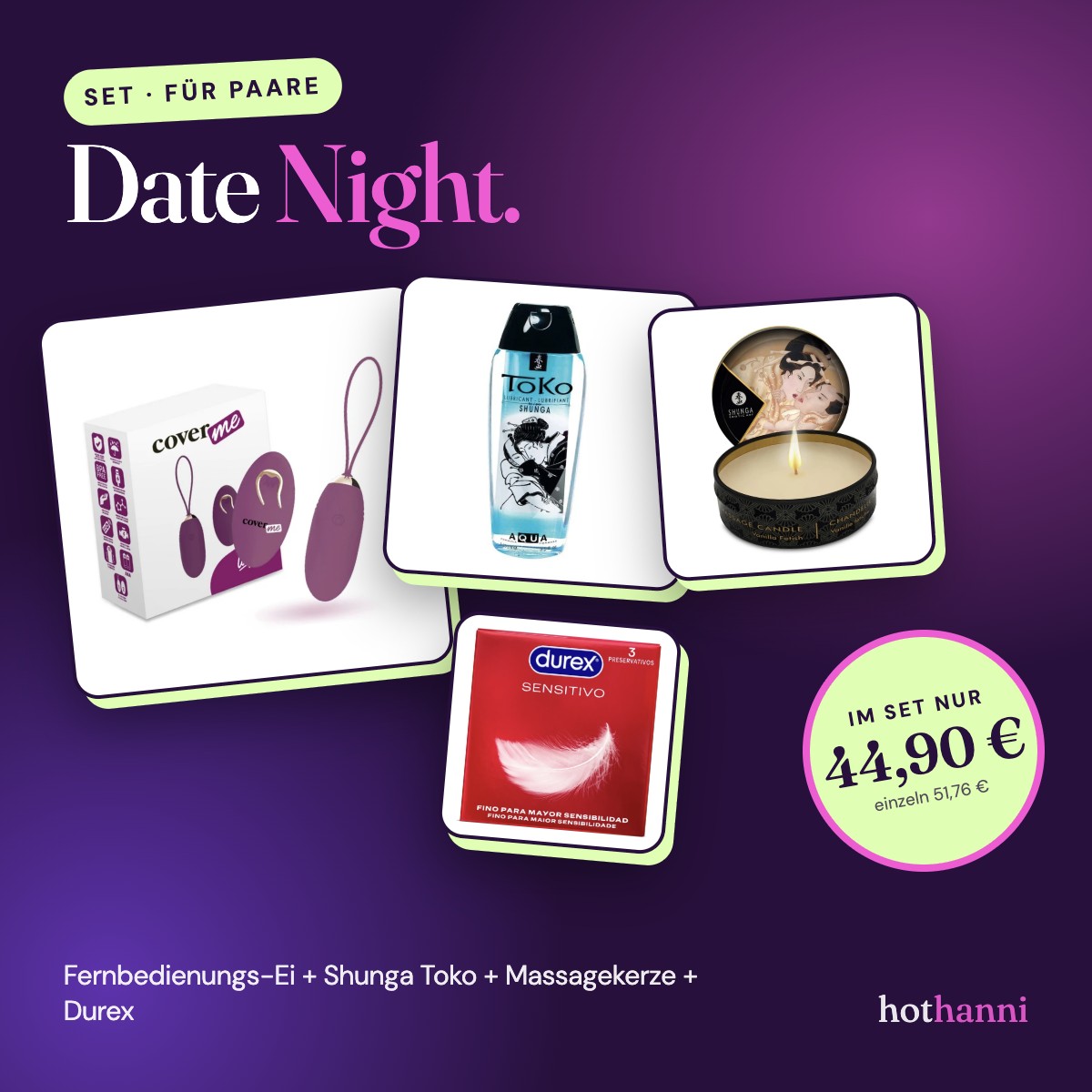 Set „Date Night“ – Fernbedienungs-Ei, Gleitgel, Massagekerze & Kondome
