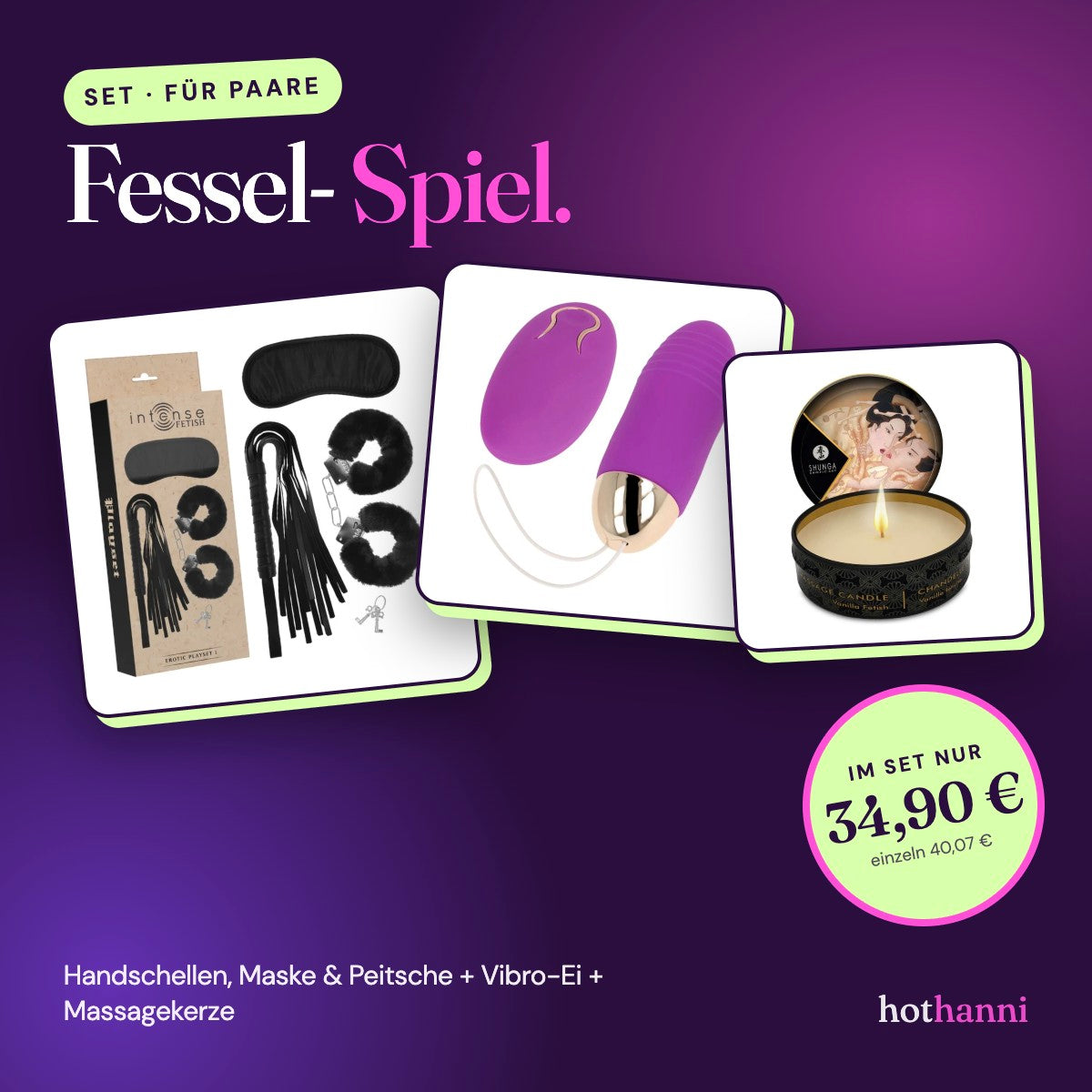 Set „Fessel-Spiel“ – Handschellen, Maske, Peitsche, Vibro-Ei & Massagekerze