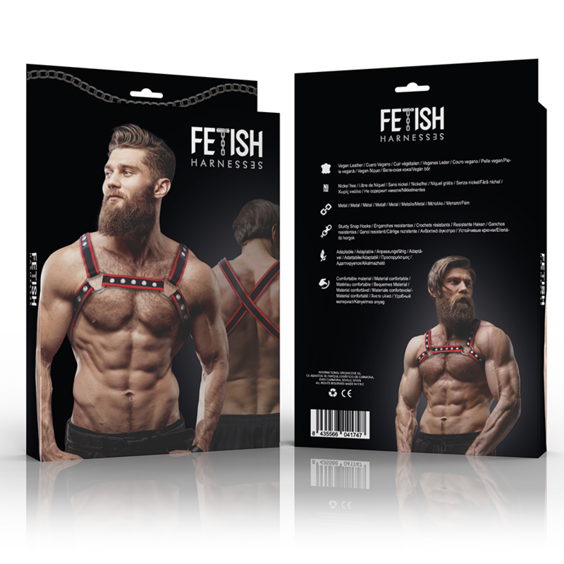 Fetish Submissive Attitude – Brust-Bulldog-Geschirr aus Ökoleder für Herren, Schwarz/Rot