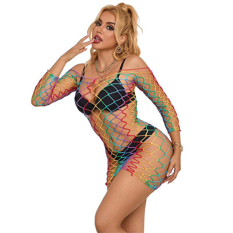 SUBBLIME - 952426 REGENBOGEN-KLEID MIT LANGEN RMELN UND NETZ EINE GRÖSSE
