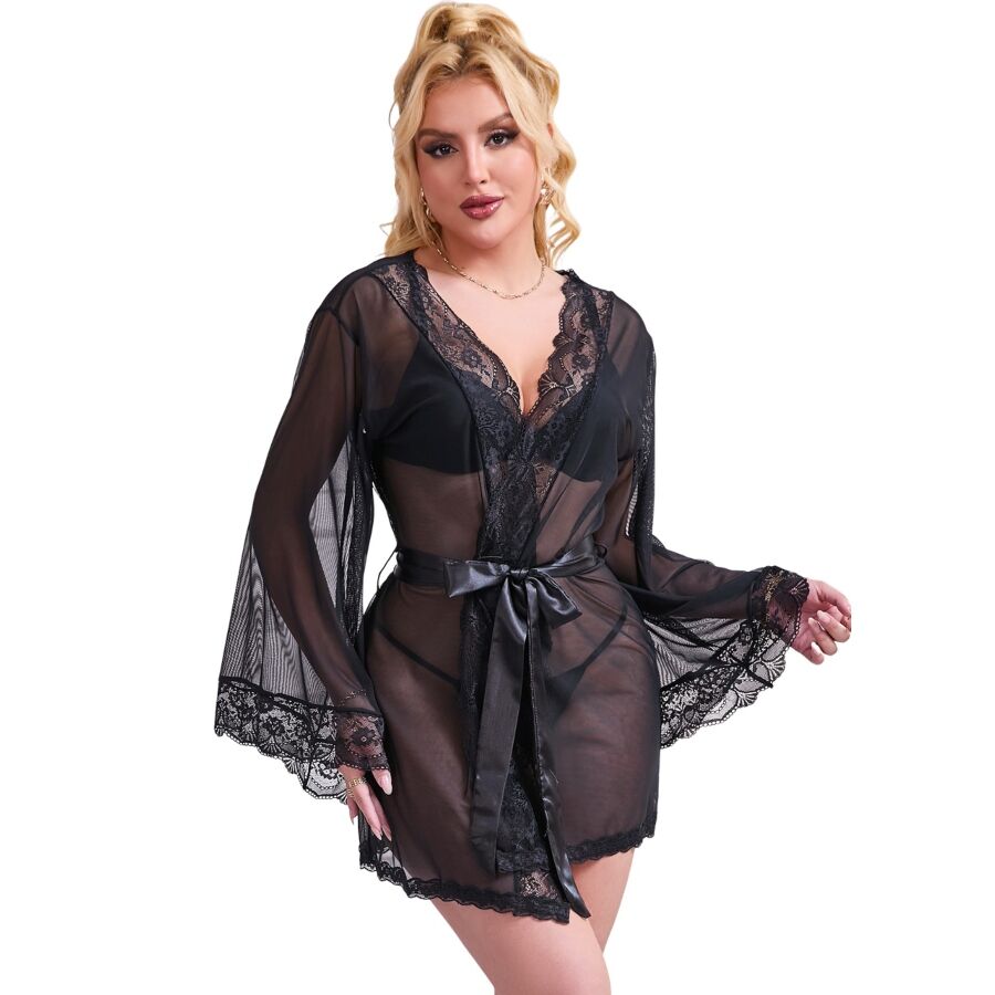 SUBBLIME - TRANSPARENTER STOFFMANTEL MIT SPITZENDETAIL SCHWARZ S/M