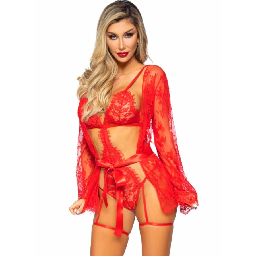 LEG AVENUE - 86123 TEDDY- UND STRUMPFBAND-BADEMANTEL-SET, ROT, GRÖSSE S