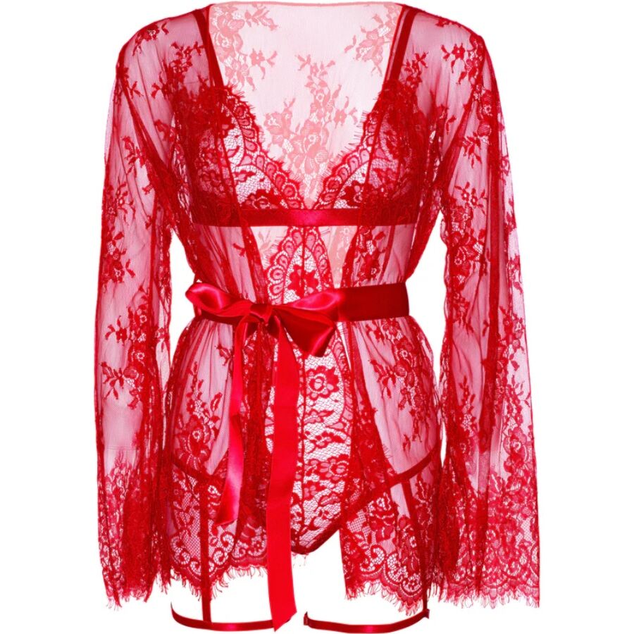 LEG AVENUE - 86123 TEDDY- UND STRUMPFBAND-BADEMANTEL-SET, ROT, GRÖSSE M
