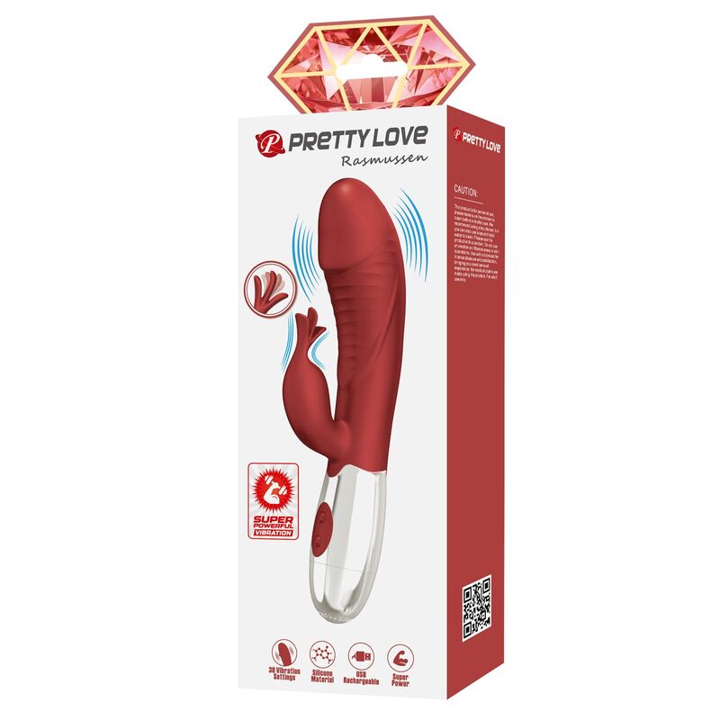 PRETTY LOVE – ROSENHOLZ-HASE-VIBRATOR MIT 30 FUNKTIONEN, USB-AUFLADBAR, ROT