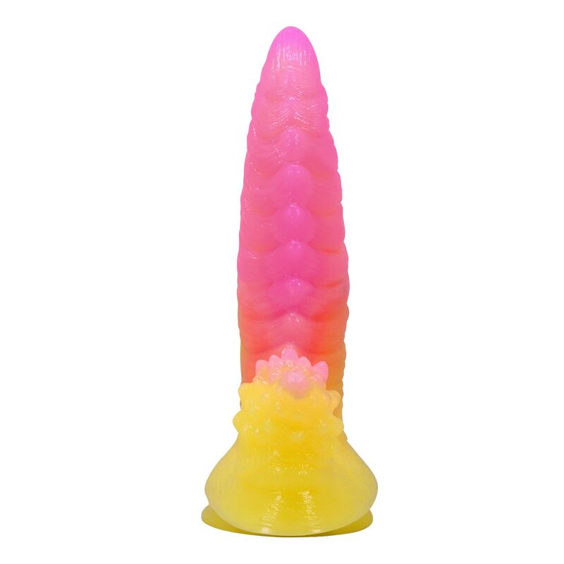 POWER MONSTERS - RIPPLIED MONSTER FANTASY DILDO MIT SAUGKAPSEL 22,5 CM Ø 5,5 CM PINK &amp; GELB