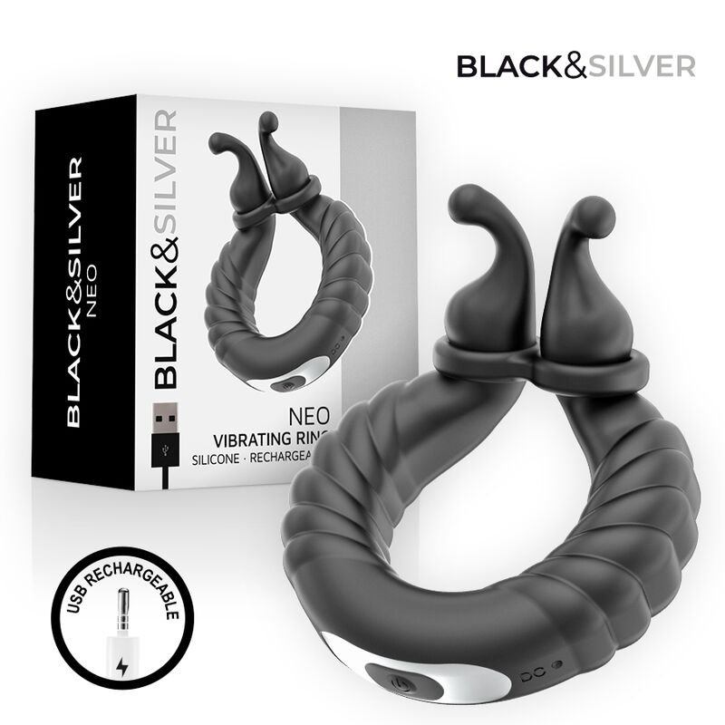 Black & Silver – Wiederaufladbarer Vibrationsring für Paare von Neo, Schwarz