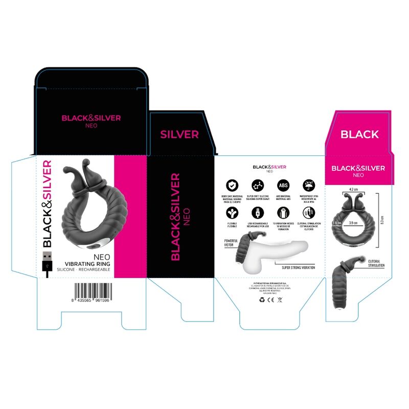 Black & Silver – Wiederaufladbarer Vibrationsring für Paare von Neo, Schwarz