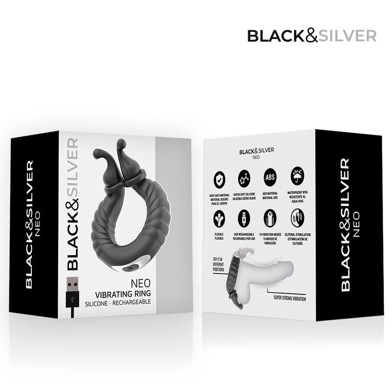 Black & Silver – Wiederaufladbarer Vibrationsring für Paare von Neo, Schwarz