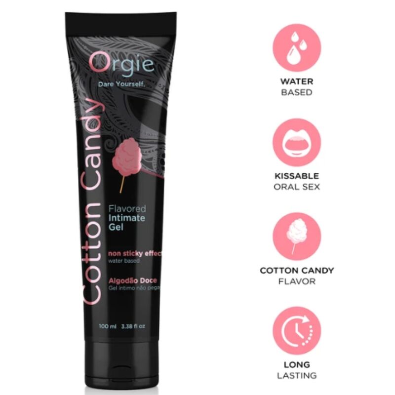 ORGIE - GLEITGEL AUF WASSERBASIS, 100 ML, MIT ZUCKERWATTE-DUFT, ZUM KÜSSEN.