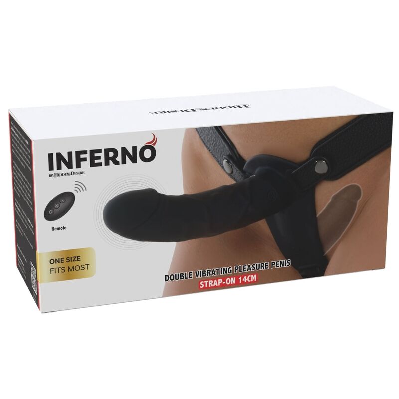 Hidden Desire – Inferno-Gurt mit 14 cm cm Silikon-Doppelvibrationsdildo und Fernbedienung Schwarz