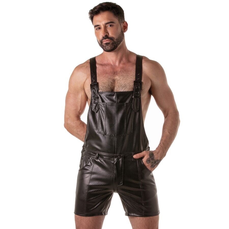 Locker Gear – Punch Hole Leatherette Kurze Latzhose Schwarz S