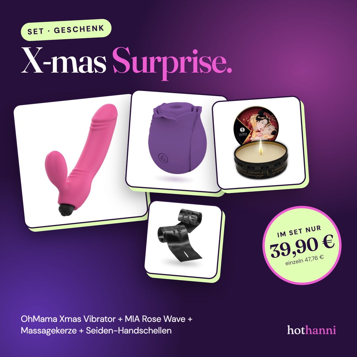 Set „X-mas Surprise“ – Xmas Vibrator, Rose Wave, Massagekerze & Seiden-Handschellen